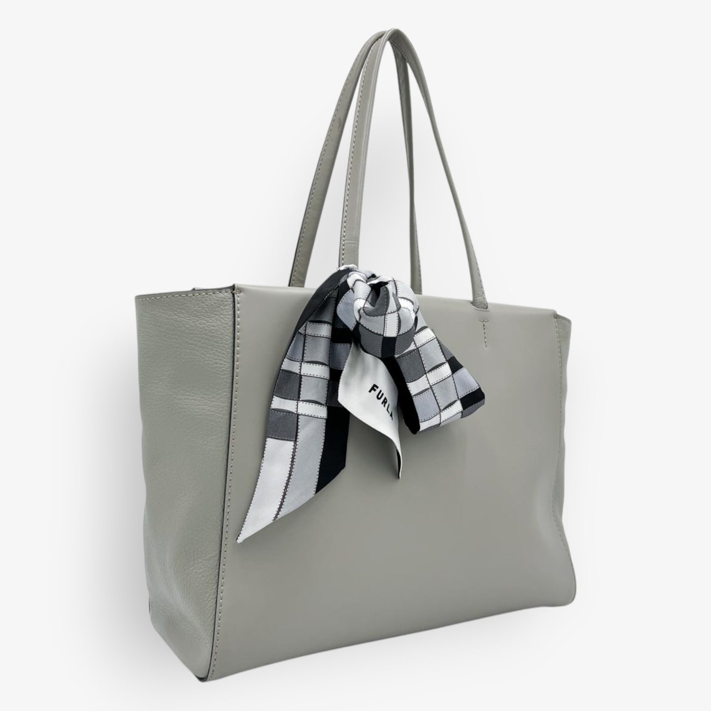 Furla Sage Green Grey Leather Tote Bag With Furla Silk Scarf