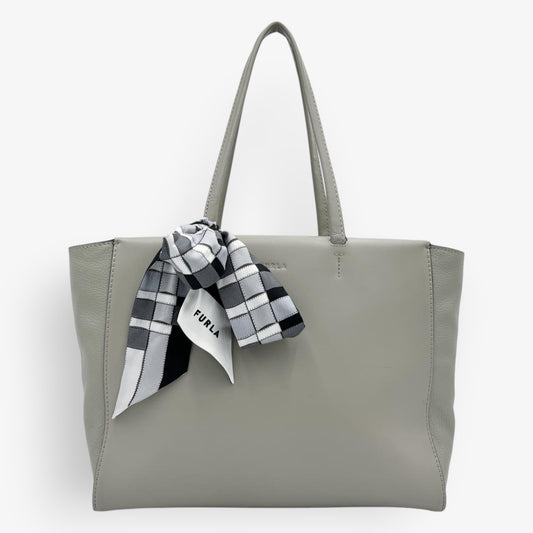 Furla Sage Green Grey Leather Tote Bag With Furla Silk Scarf