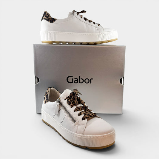 Gabor White Leather Leopard Trim Sneakers EU40 ~ AU9