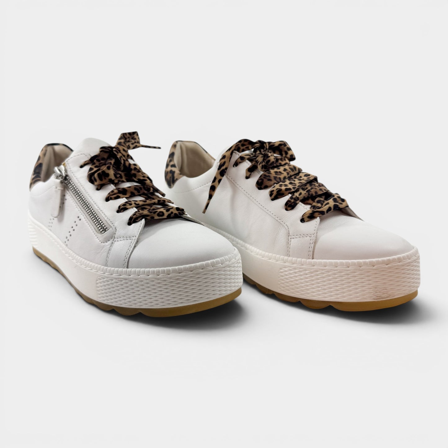 Gabor White Leather Leopard Trim Sneakers EU40 ~ AU9