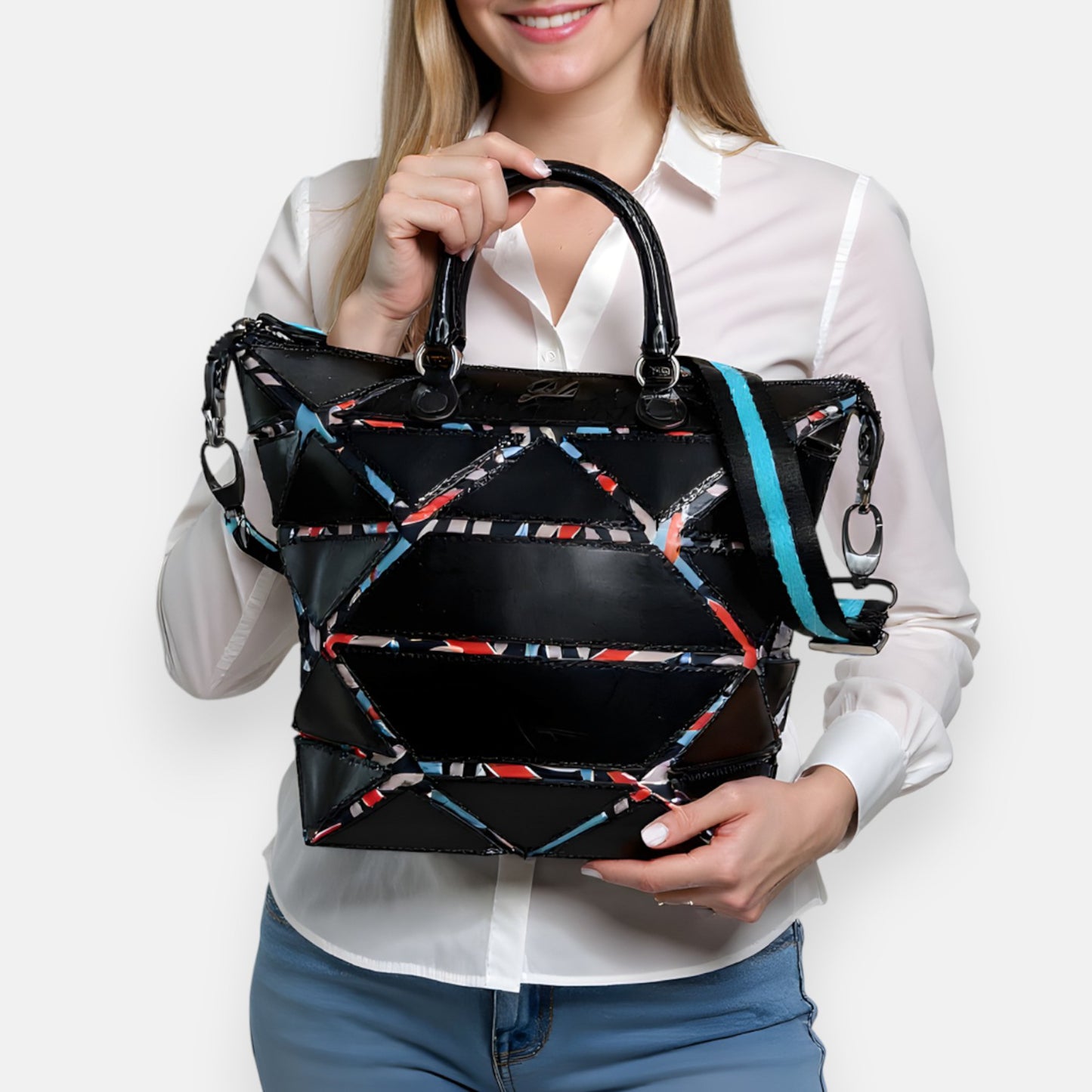 GABS Italy Black Leather & Textile Top Handle Tote Shoulder Bag