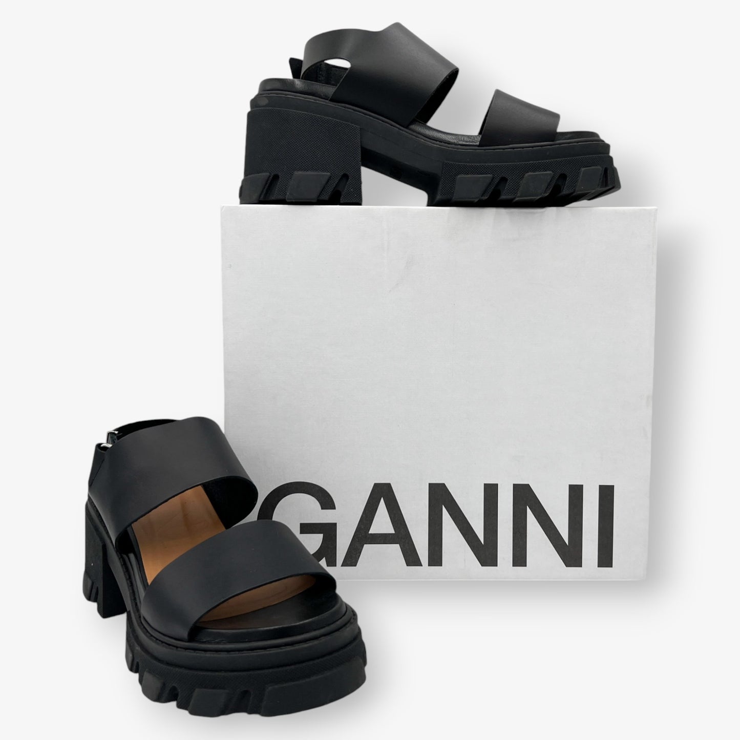 Ganni Black Leather Platform Sandal Shoes EU40 ~ AU9