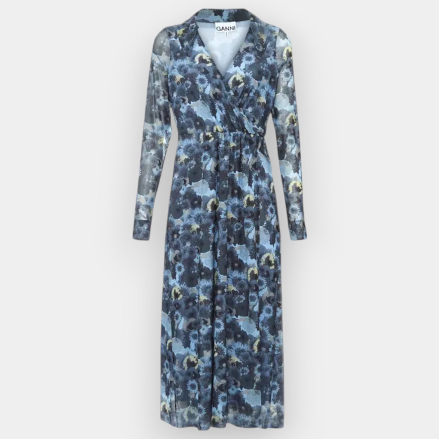 Ganni Brunnera Blue Floral Dot Mesh Long Sleeve Wrap Dress EU40 ~ AU12-14 [NEW]