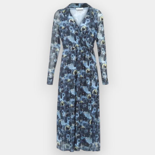 Ganni Brunnera Blue Floral Dot Mesh Long Sleeve Wrap Dress EU40 ~ AU12-14 [NEW]