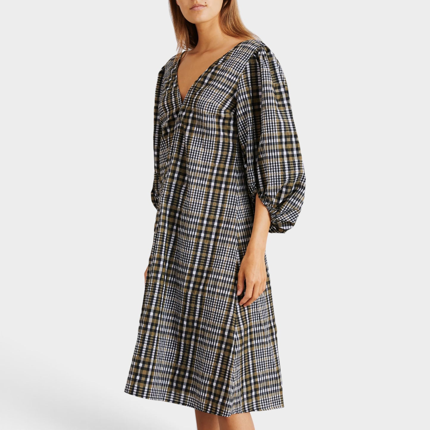 Ganni Black Olive Check Seersucker V-Neck Dress EU42 ~ AU12-14 [NEW]
