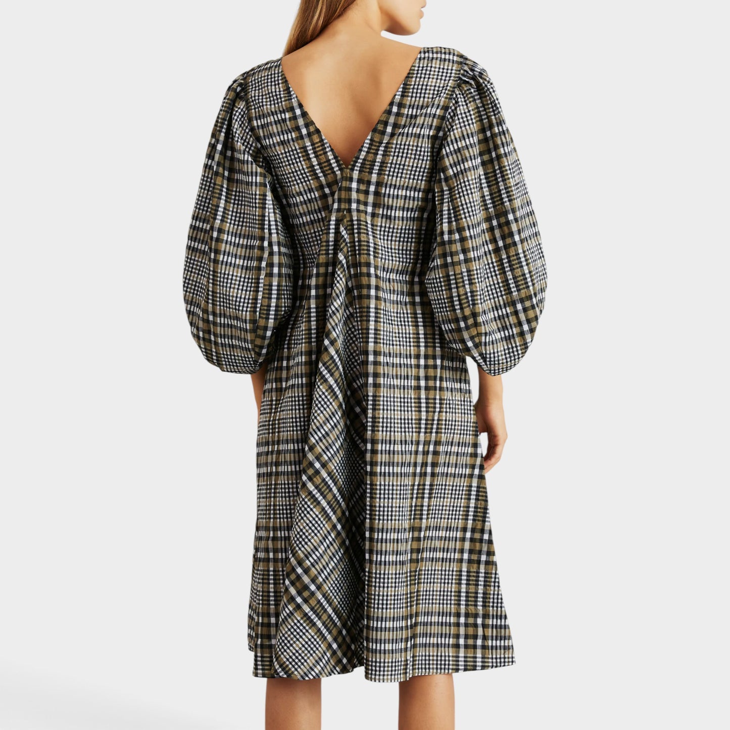 Ganni Black Olive Check Seersucker V-Neck Dress EU42 ~ AU12-14 [NEW]