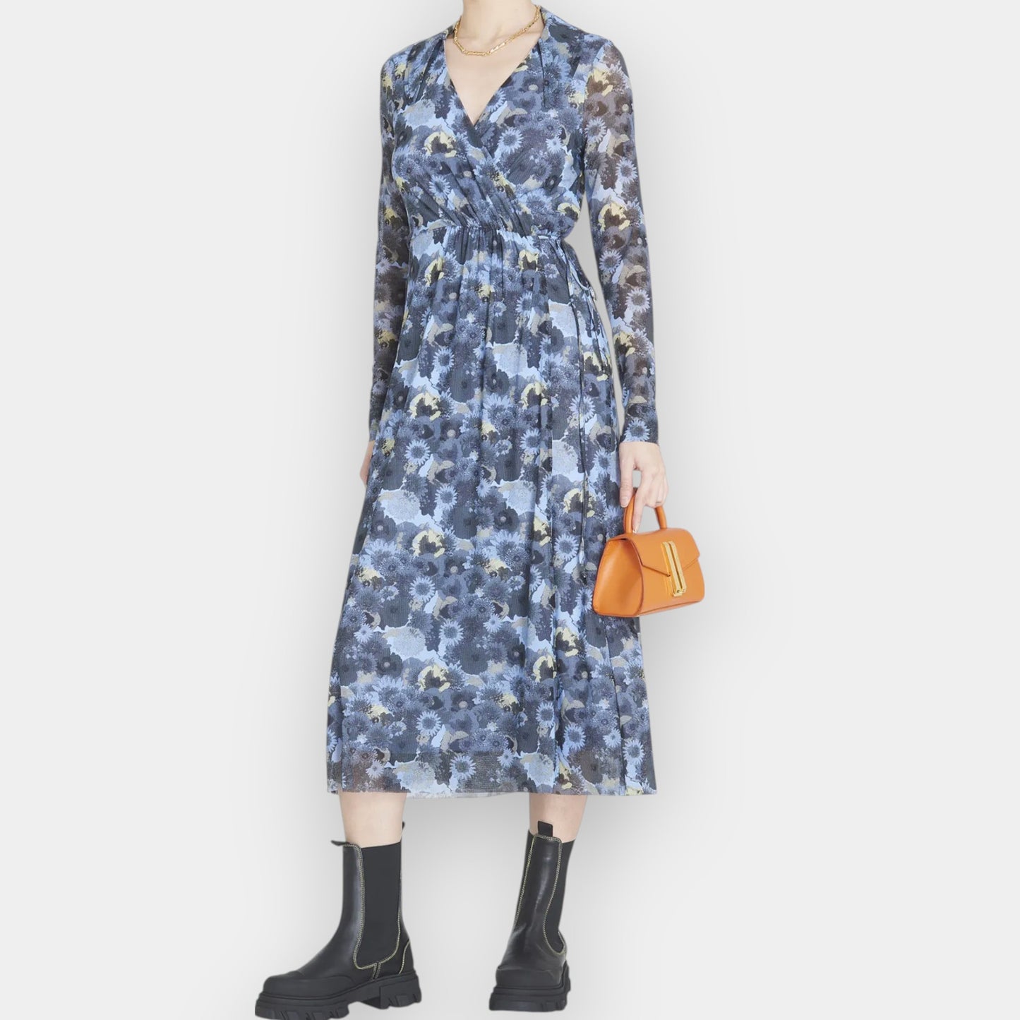 Ganni Brunnera Blue Floral Dot Mesh Long Sleeve Wrap Dress EU40 ~ AU12-14 [NEW]