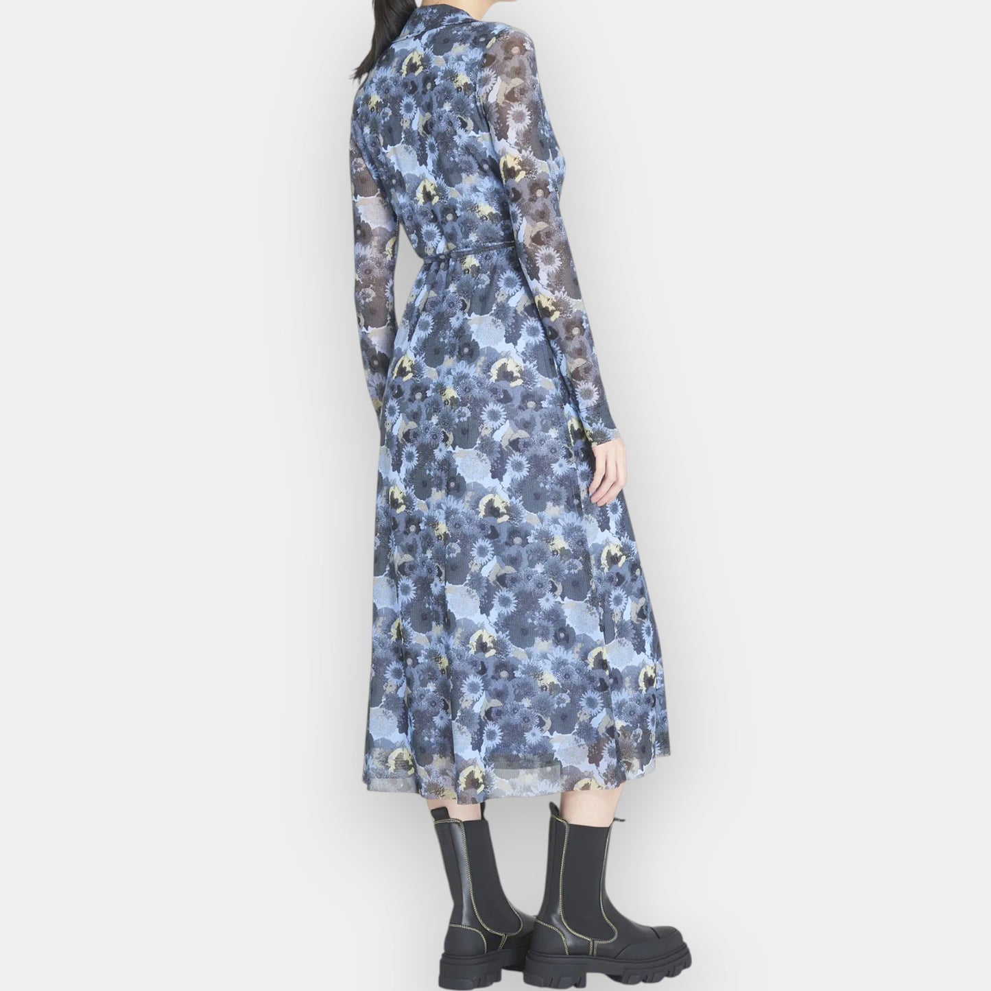 Ganni Brunnera Blue Floral Dot Mesh Long Sleeve Wrap Dress EU40 ~ AU12-14 [NEW]