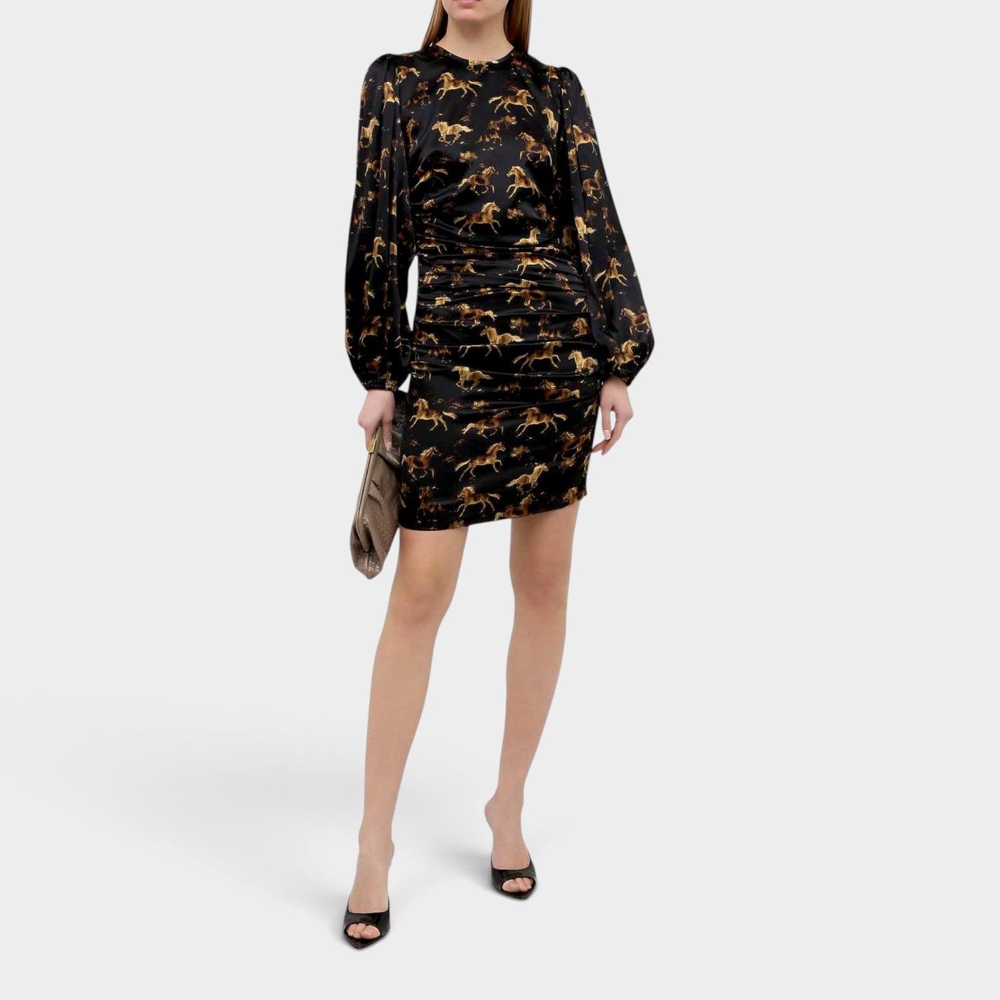 Ganni Black & Gold Horse Print Stretch Silk Midi Dress EU44 ~ AU12-14 [NEW]