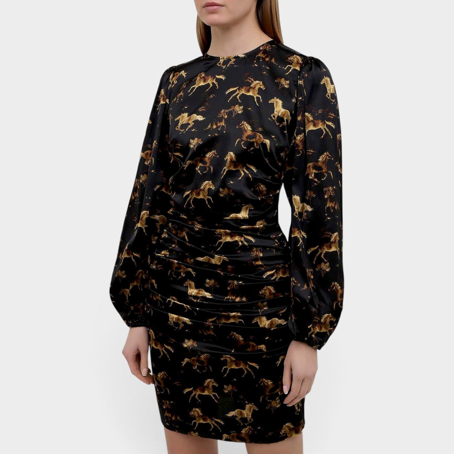 Ganni Black & Gold Horse Print Stretch Silk Midi Dress EU44 ~ AU12-14 [NEW]