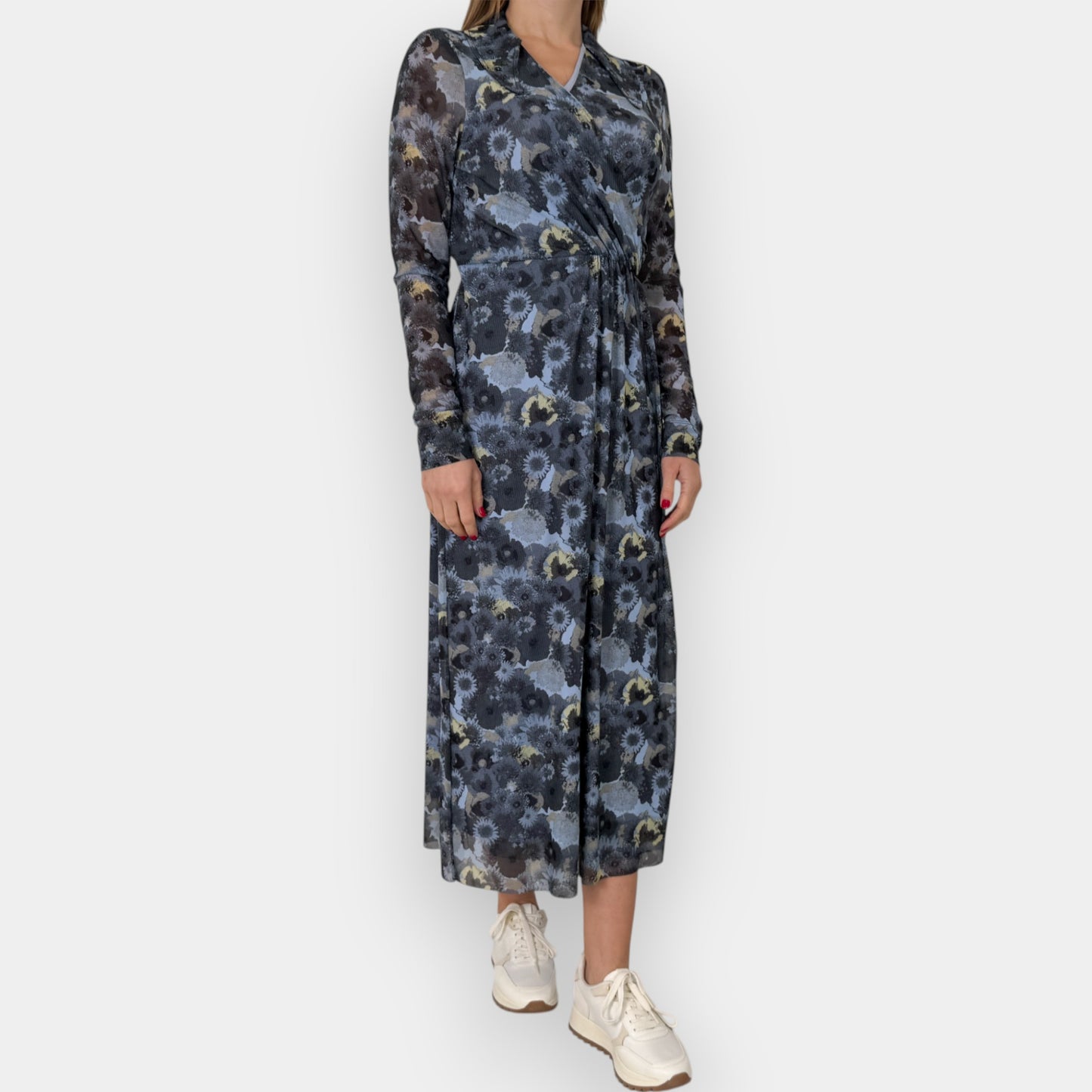 Ganni Brunnera Blue Floral Dot Mesh Long Sleeve Wrap Dress EU40 ~ AU12-14 [NEW]