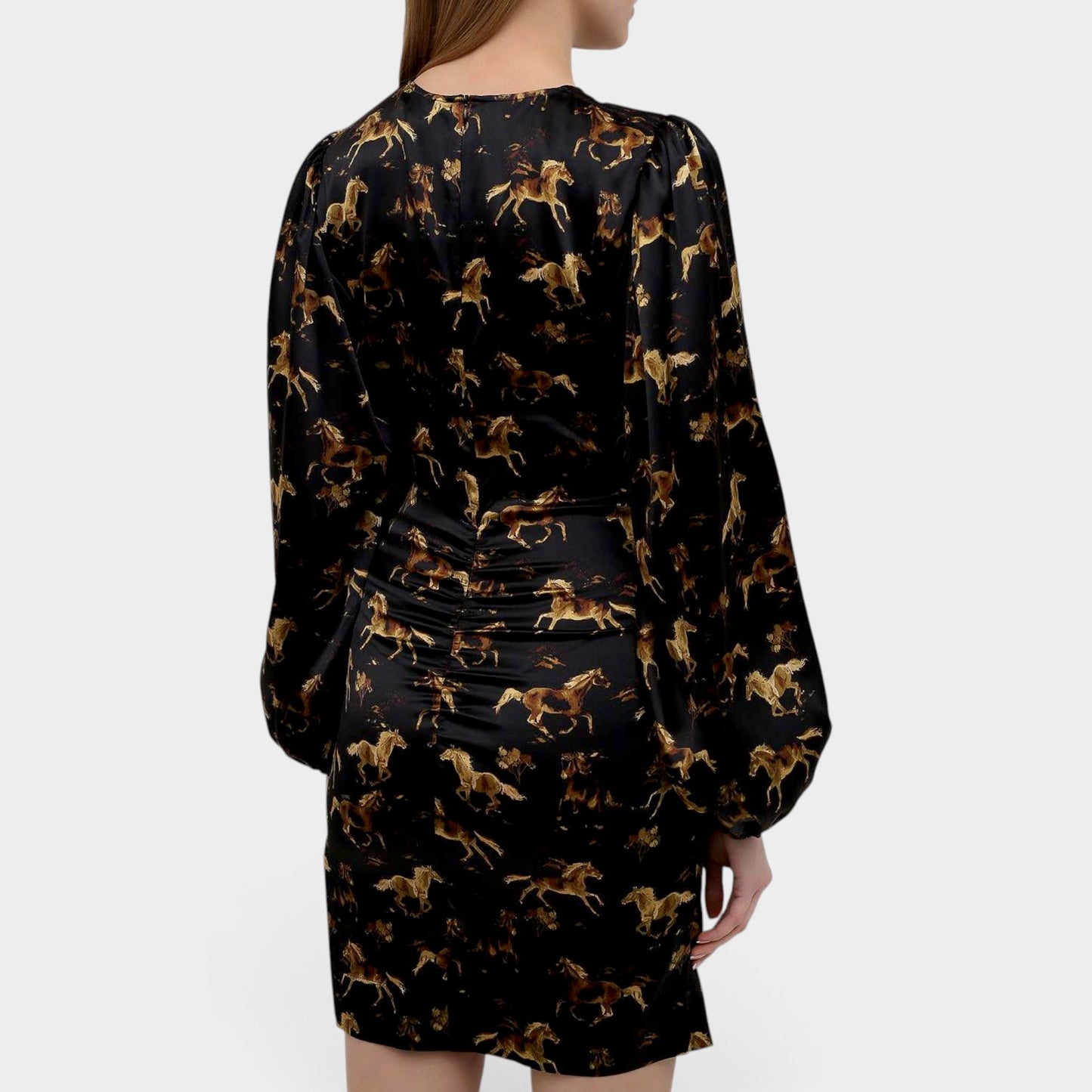 Ganni Black & Gold Horse Print Stretch Silk Midi Dress EU44 ~ AU12-14 [NEW]