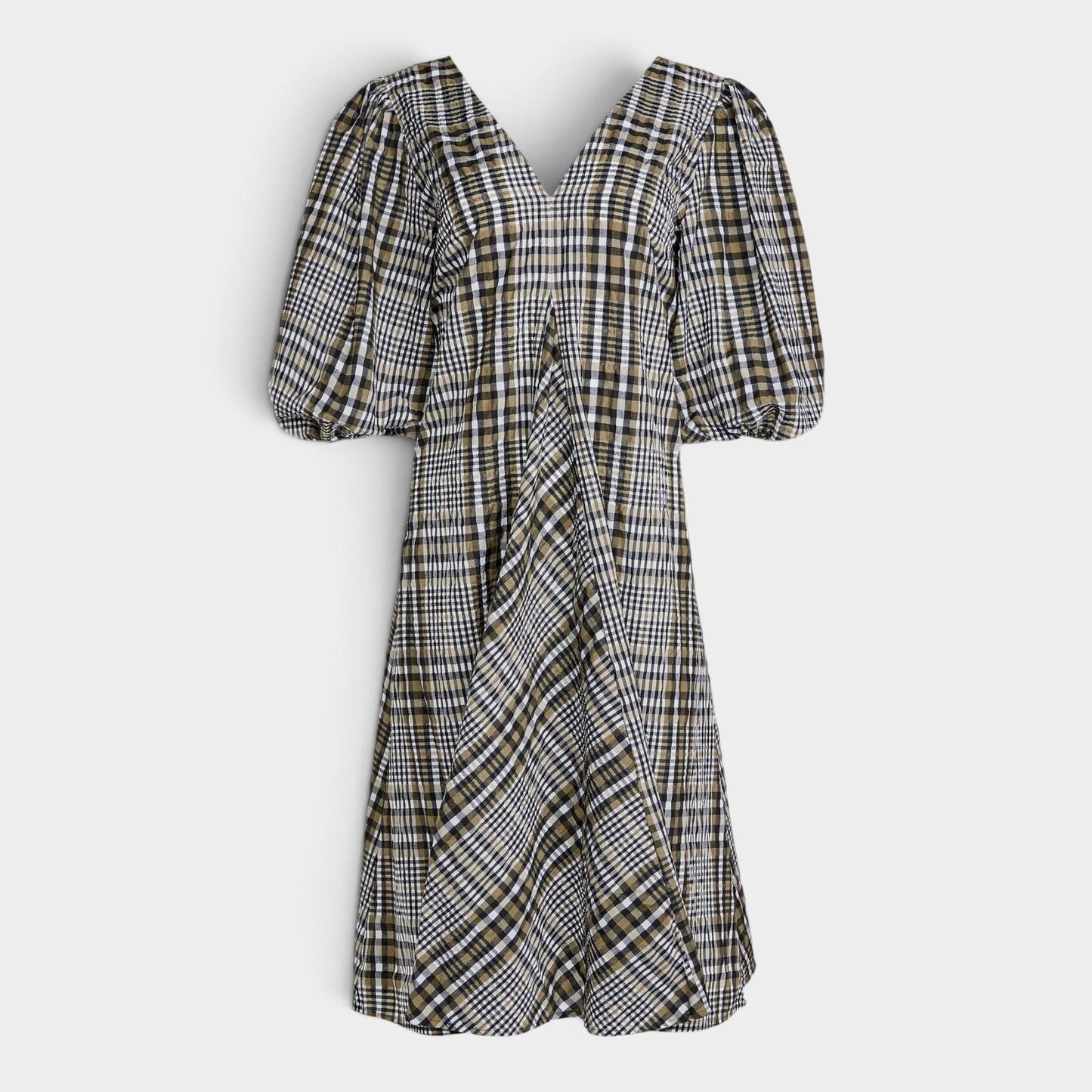 Ganni Black Olive Check Seersucker V-Neck Dress EU42 ~ AU12-14 [NEW]