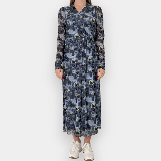 Ganni Brunnera Blue Floral Dot Mesh Long Sleeve Wrap Dress EU40 ~ AU12-14 [NEW]