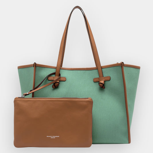Gianni Chiarini Green Canvas & Caramel Leather Marcella Large Tote Bag [NEW]