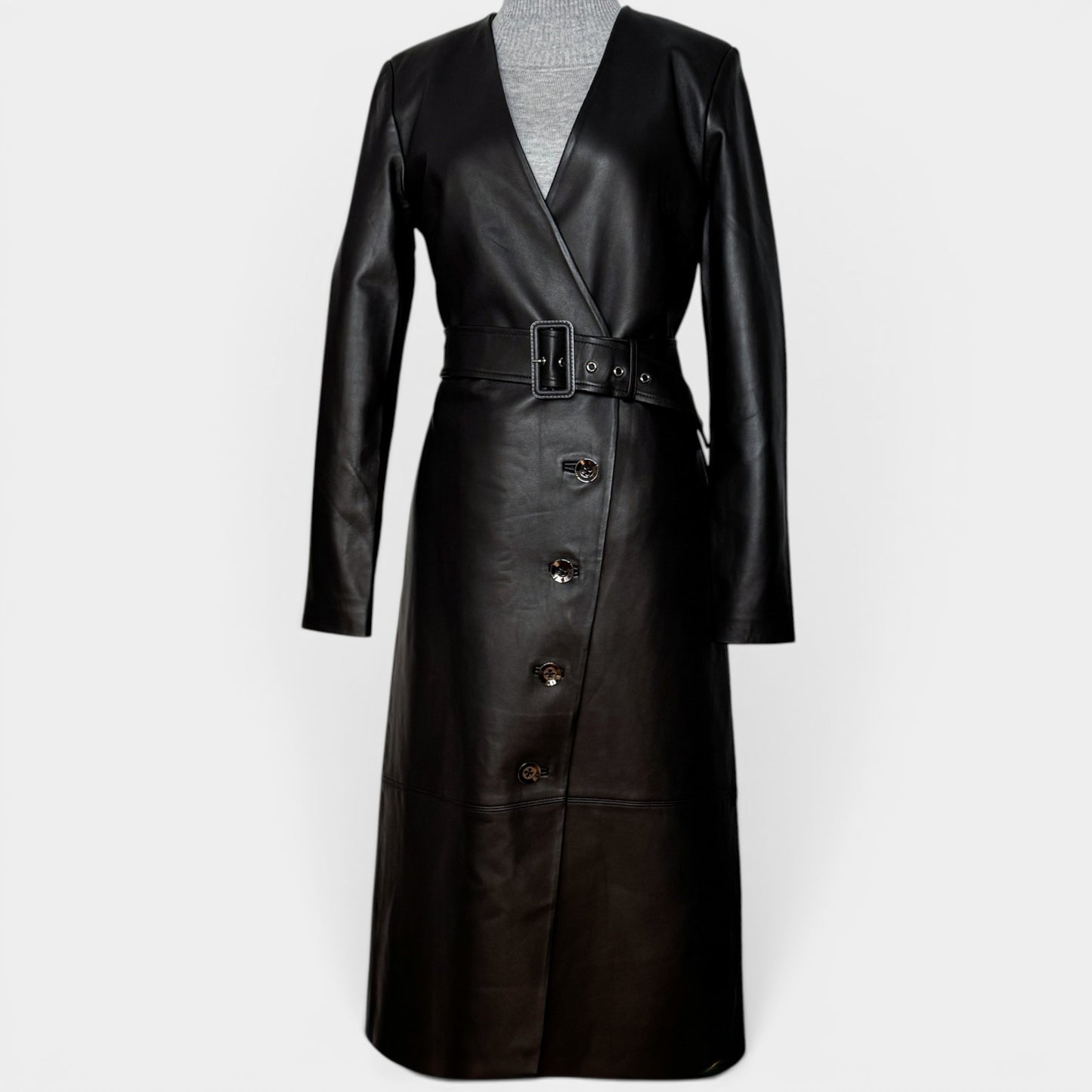 Ginger & Smart Black Leather Long Belted Coat Small ~ AU8