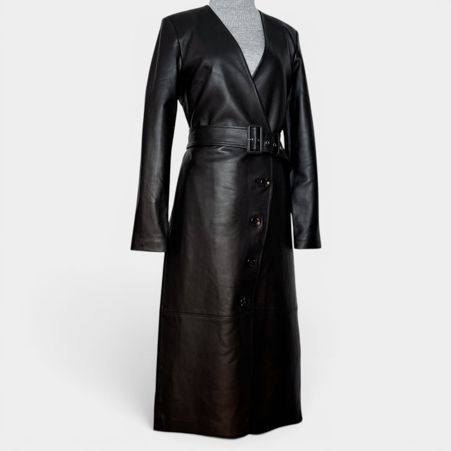 Ginger & Smart Black Leather Long Belted Coat Small ~ AU8