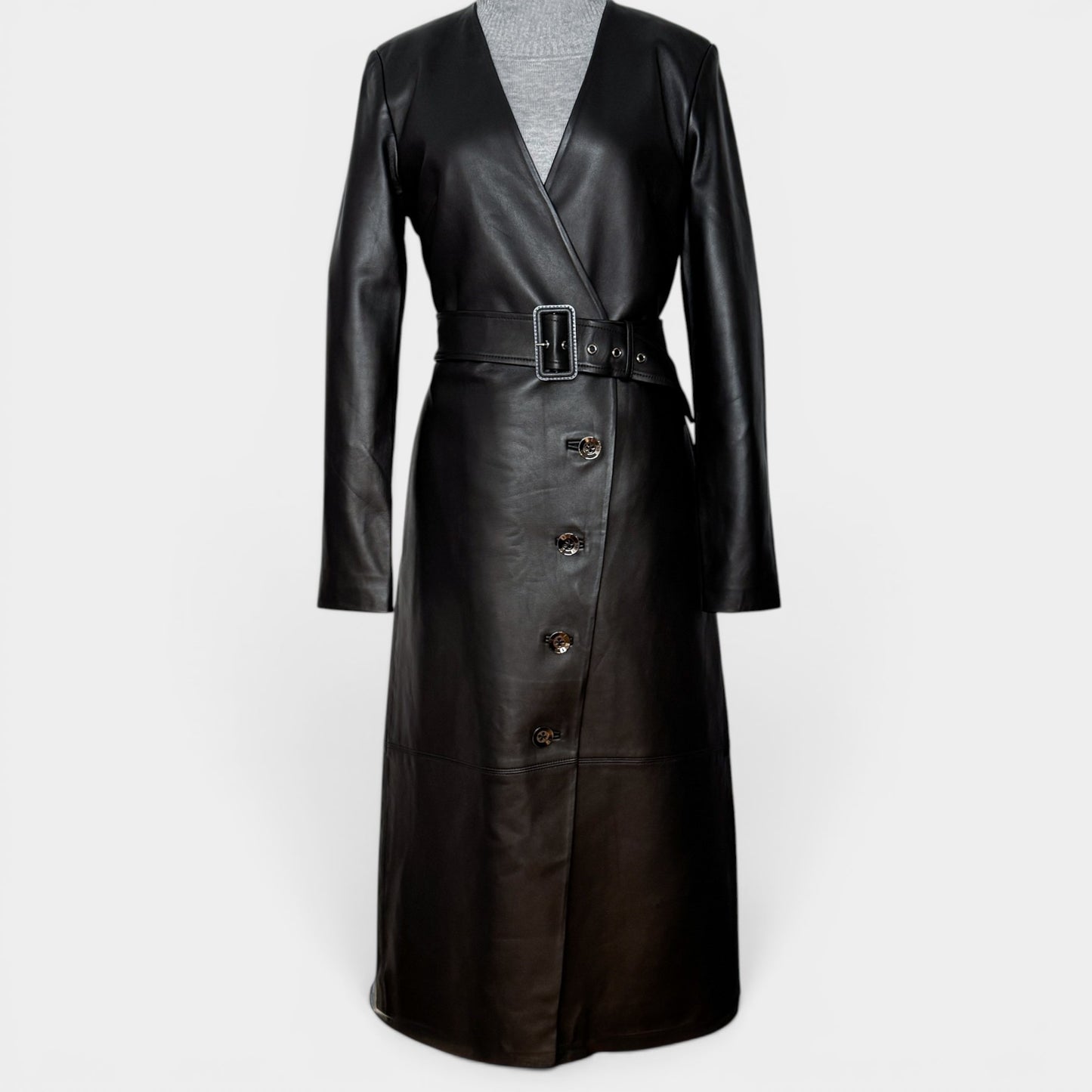 Ginger & Smart Black Leather Long Belted Coat Small ~ AU8