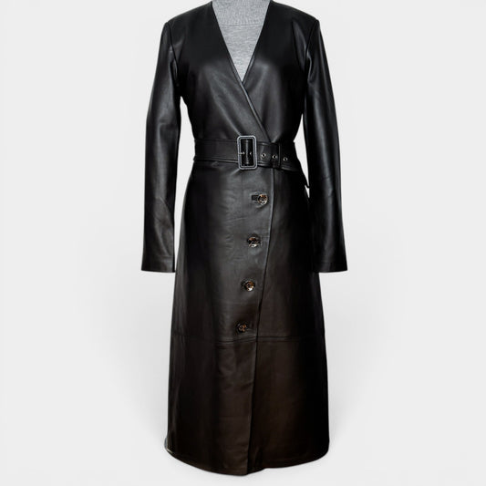 Ginger & Smart Black Leather Long Belted Coat Small ~ AU8