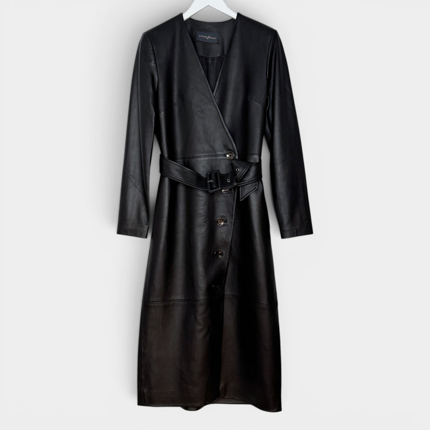 Ginger & Smart Black Leather Long Belted Coat Small ~ AU8