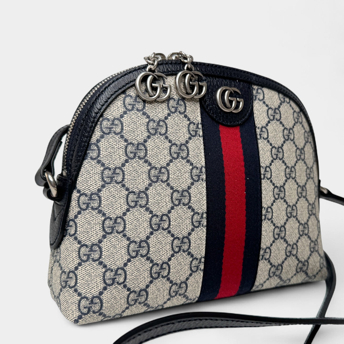 Gucci GG Supreme Monogram Navy Red Stripe Ophidia Crossbody Bag