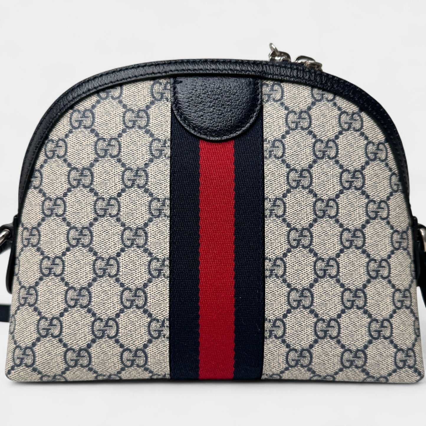 Gucci GG Supreme Monogram Navy Red Stripe Ophidia Crossbody Bag