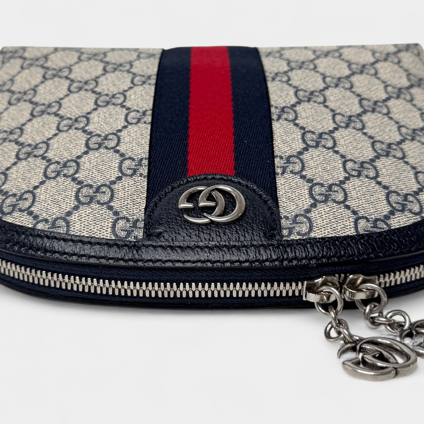 Gucci GG Supreme Monogram Navy Red Stripe Ophidia Crossbody Bag