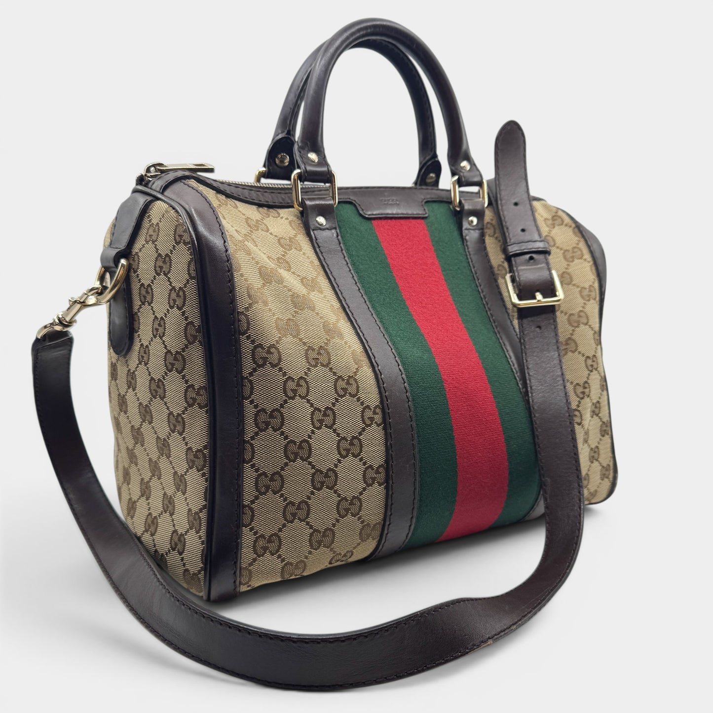 Gucci GG Canvas Leather Vintage Web Boston Bag