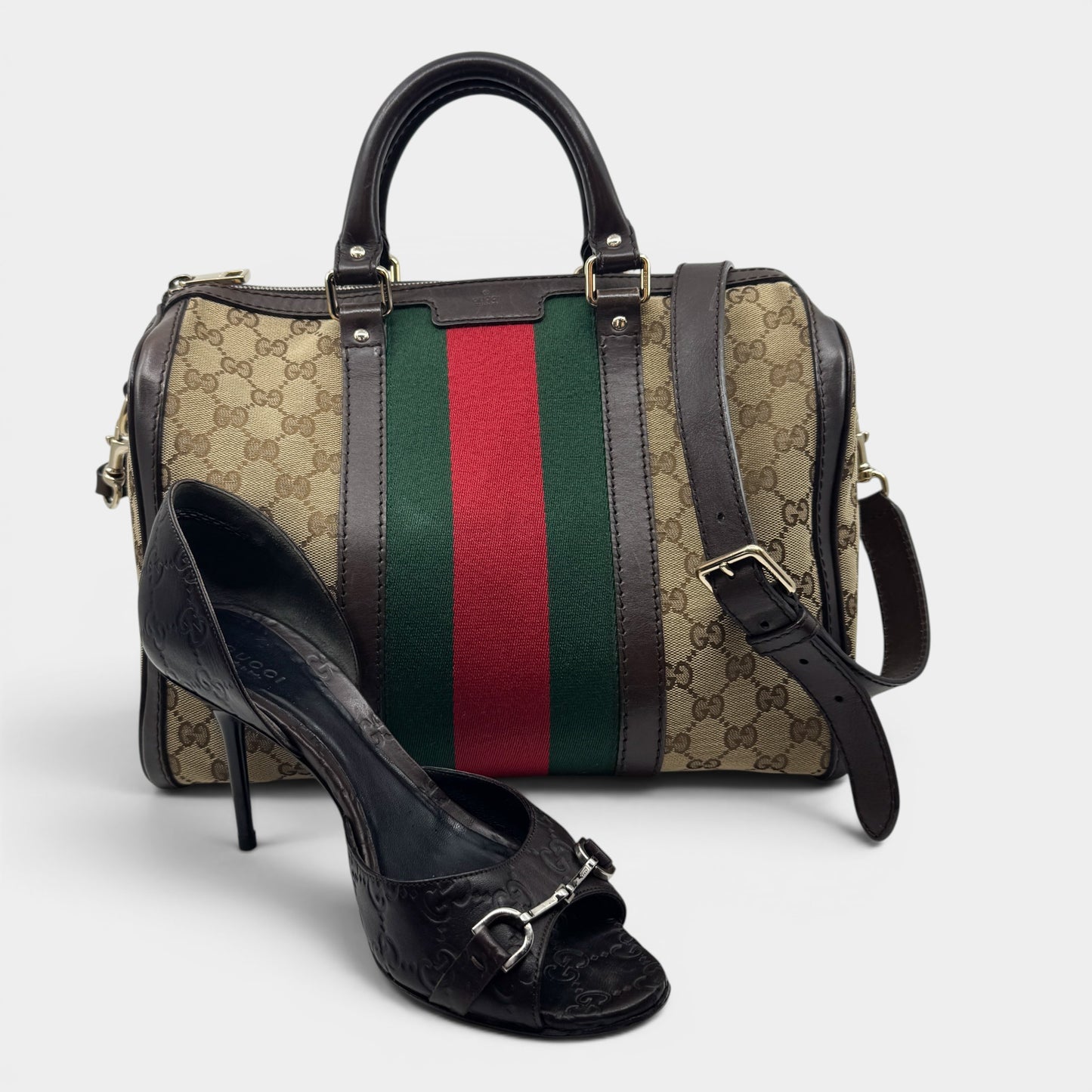 Gucci GG Canvas Leather Vintage Web Boston Bag