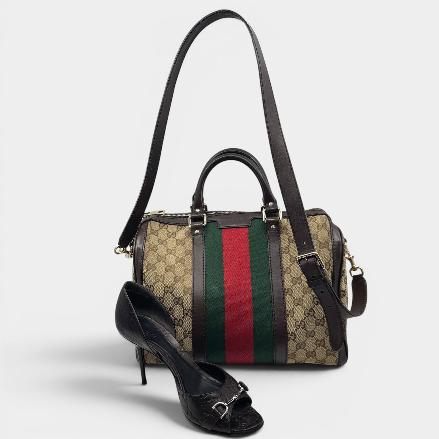 Gucci GG Canvas Leather Vintage Web Boston Bag