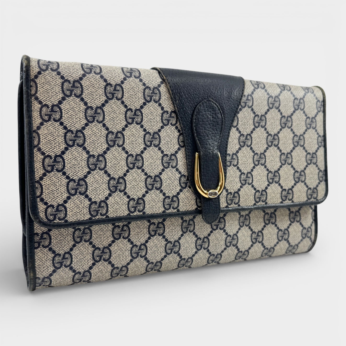 Gucci Vintage Ophidia Beige Navy Blue GG Monogram Logo Clutch Bag