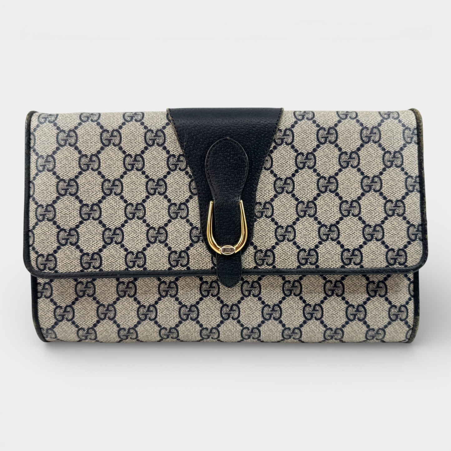 Gucci Vintage Ophidia Beige Navy Blue GG Monogram Logo Clutch Bag