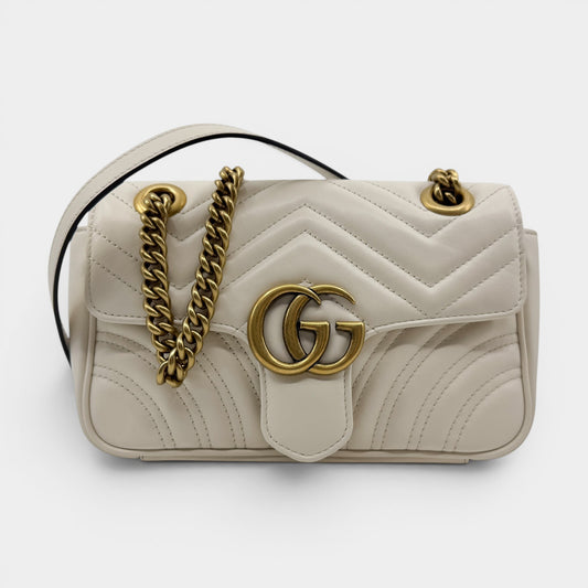 Gucci Off White Matelassé Leather Chevron Quilted GG Marmont Small Bag