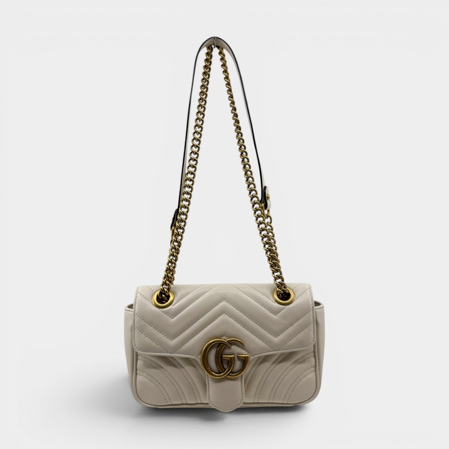 Gucci Off White Matelassé Leather Chevron Quilted GG Marmont Small Bag