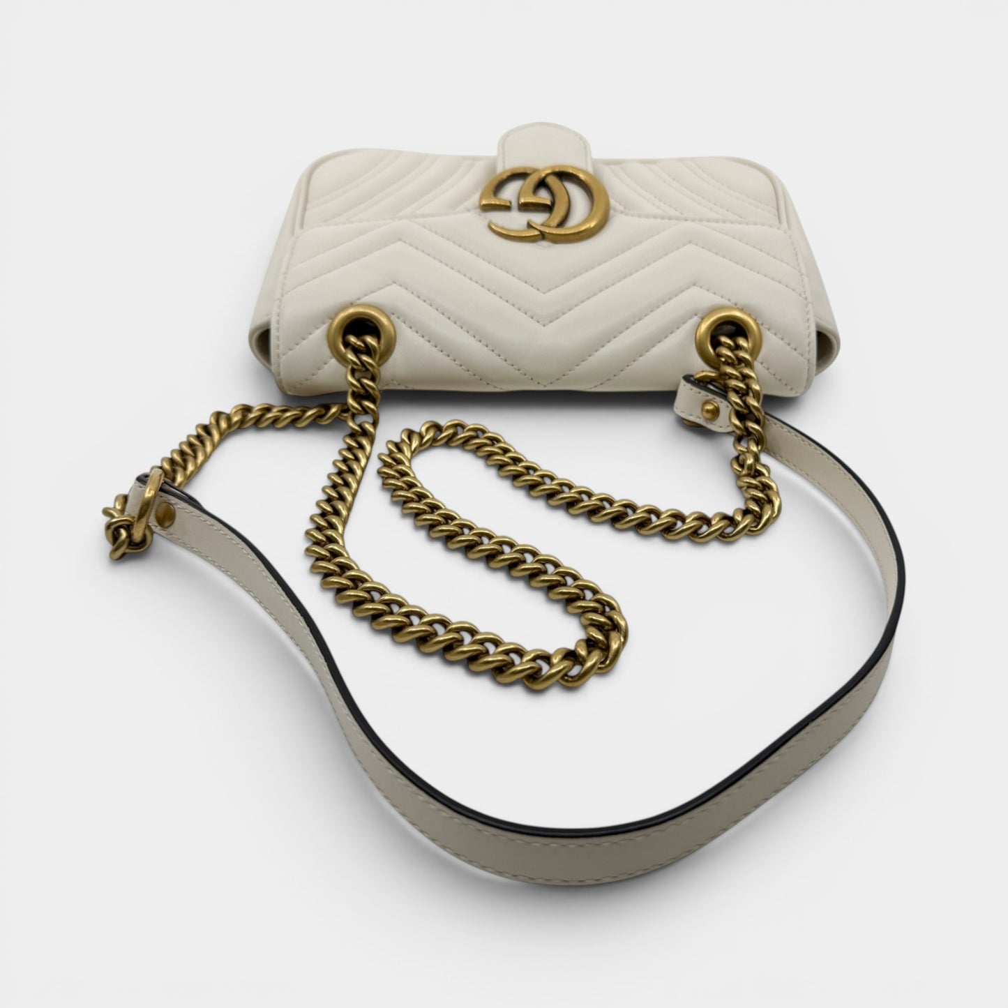Gucci Off White Matelassé Leather Chevron Quilted GG Marmont Small Bag