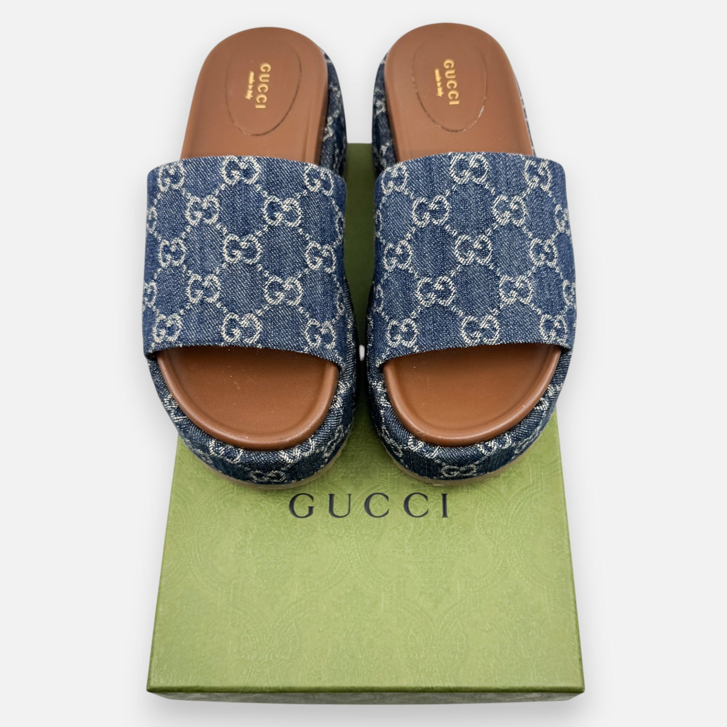 Gucci Logo Blue Denim Platform Mules Slides Shoes EU38 ~ AU7