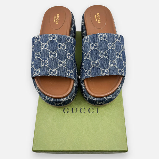 Gucci Logo Blue Denim Platform Mules Slides Shoes EU38 ~ AU7