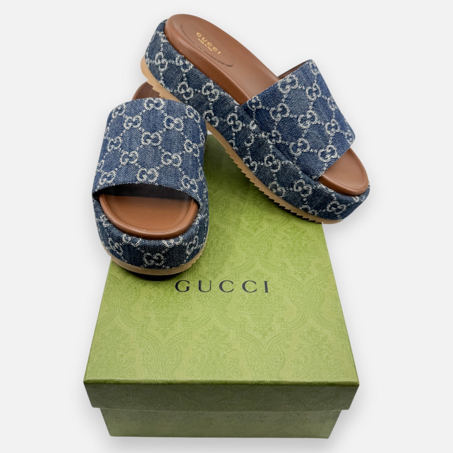 Gucci Logo Blue Denim Platform Mules Slides Shoes EU38 ~ AU7