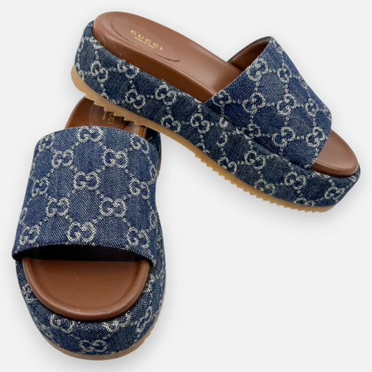 Gucci Logo Blue Denim Platform Mules Slides Shoes EU38 ~ AU7