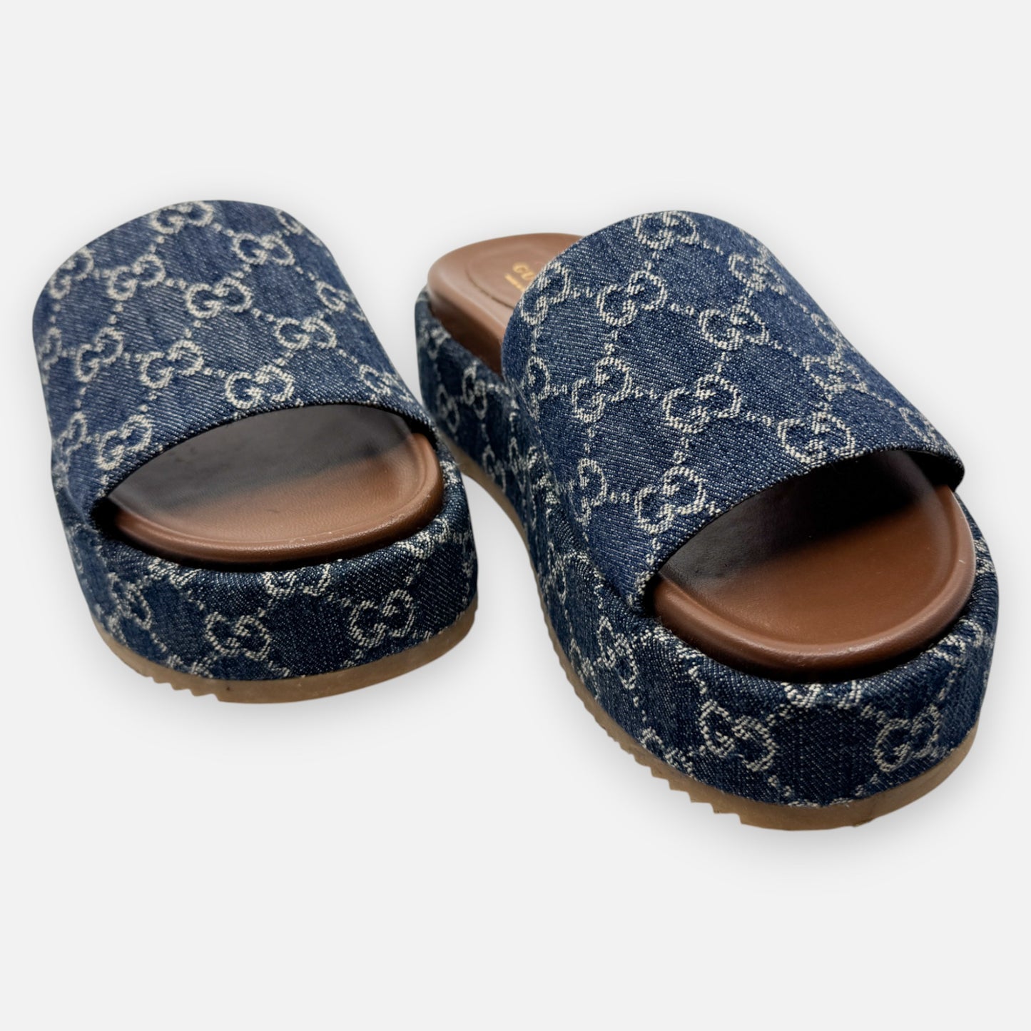 Gucci Logo Blue Denim Platform Mules Slides Shoes EU38 ~ AU7