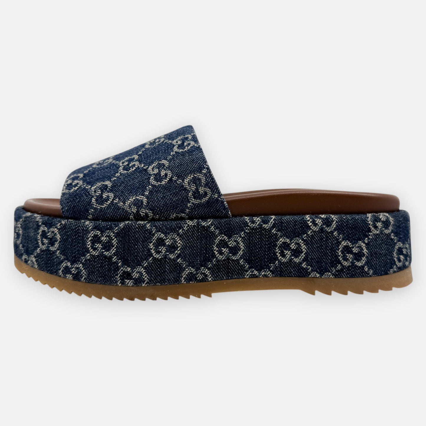 Gucci Logo Blue Denim Platform Mules Slides Shoes EU38 ~ AU7