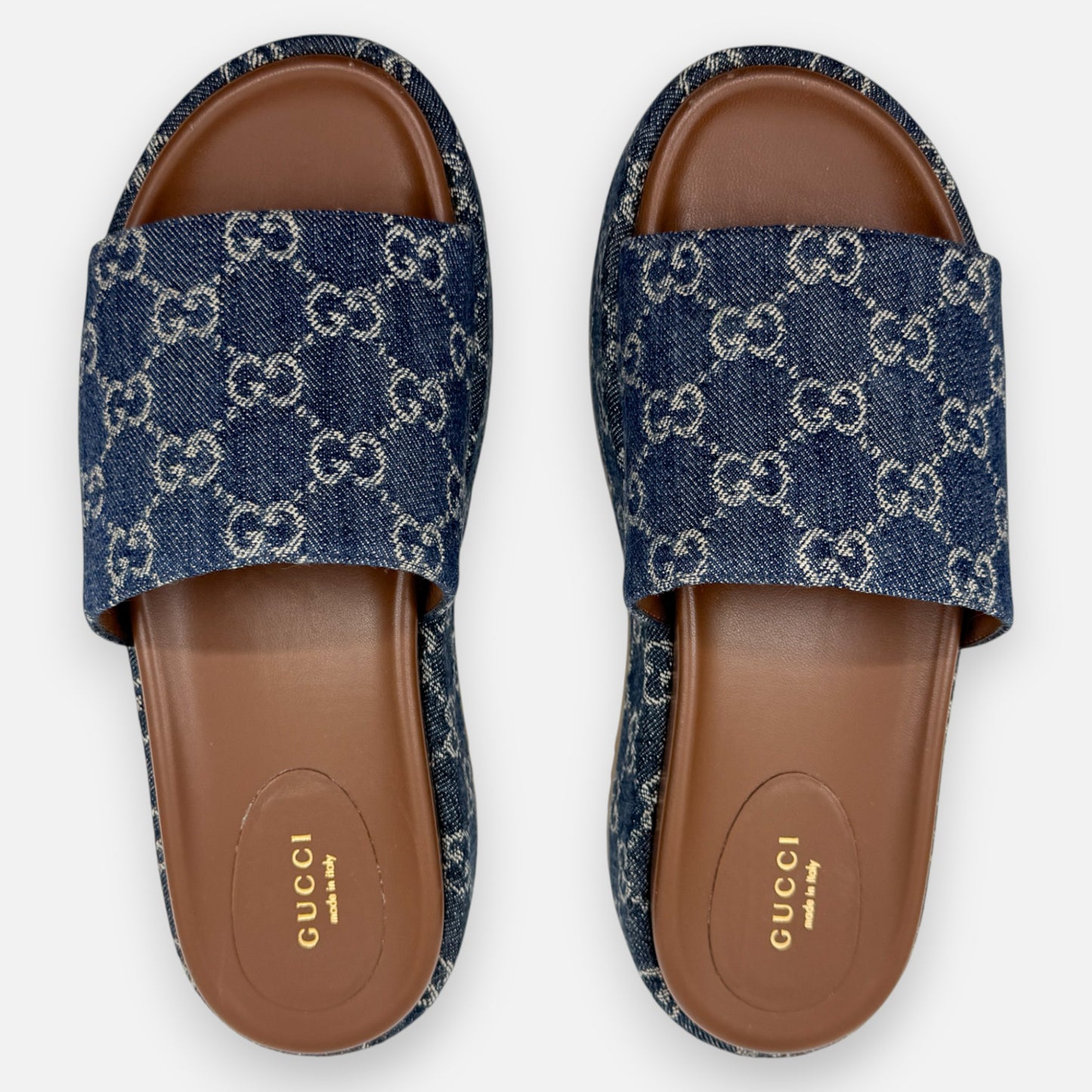Gucci Logo Blue Denim Platform Mules Slides Shoes EU38 ~ AU7