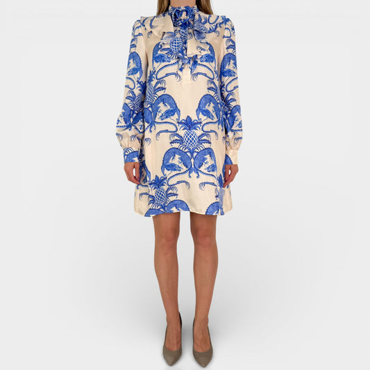 Gucci Ivory Cream Blue Silk Dragon Print Twill Ruffle Neck Dress AU8 ~ IT40