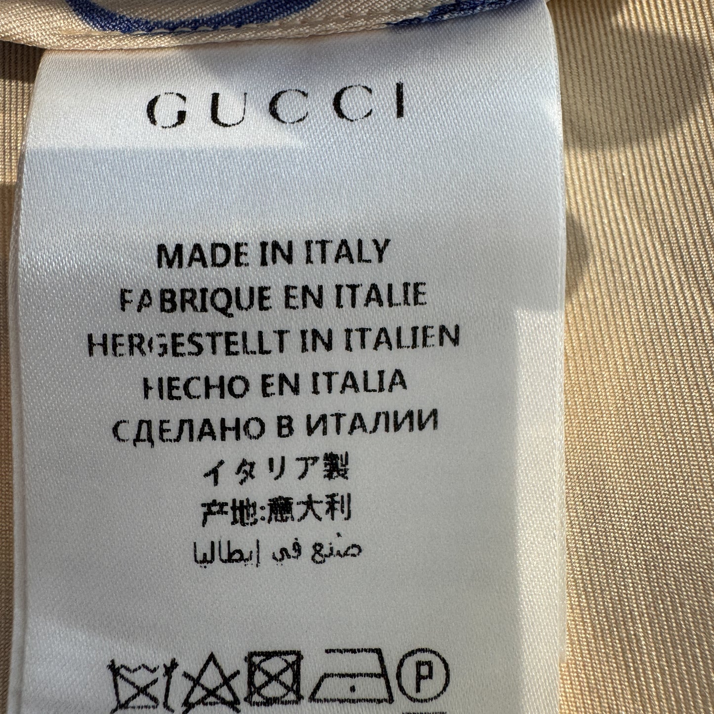 Gucci Ivory Cream Blue Silk Dragon Print Twill Ruffle Neck Dress AU8 ~ IT40