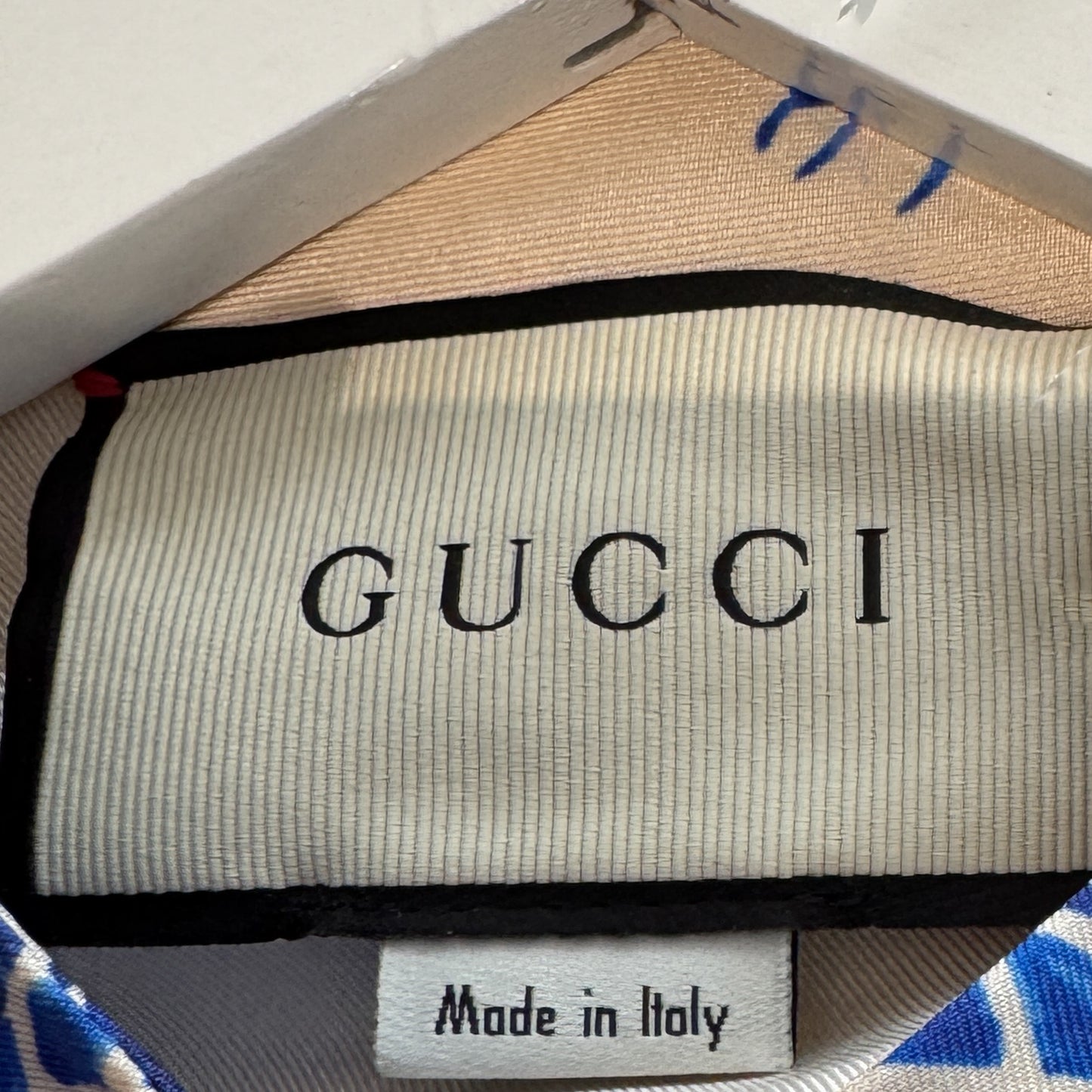 Gucci Ivory Cream Blue Silk Dragon Print Twill Ruffle Neck Dress AU8 ~ IT40