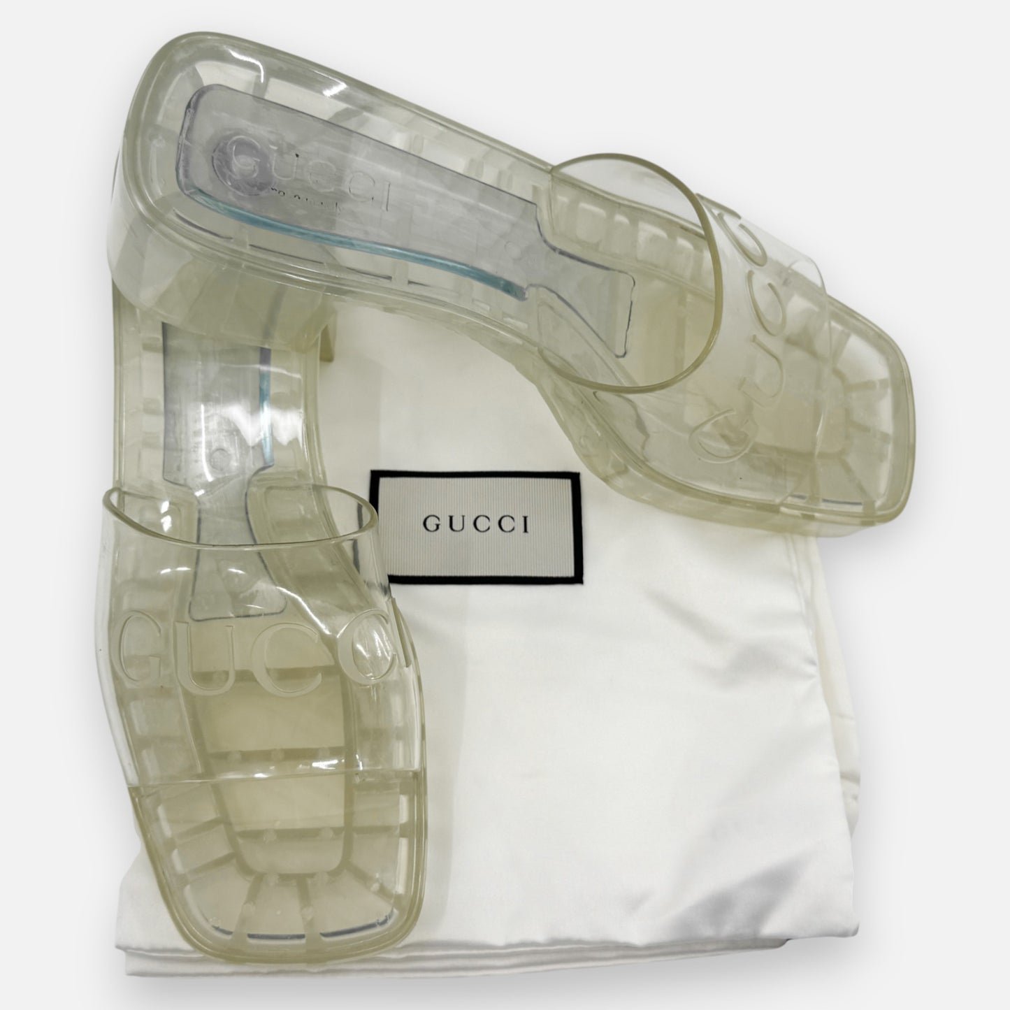 Gucci Logo Transparent Rubber Block Heel Slide Mule Shoes EU38 ~ AU7