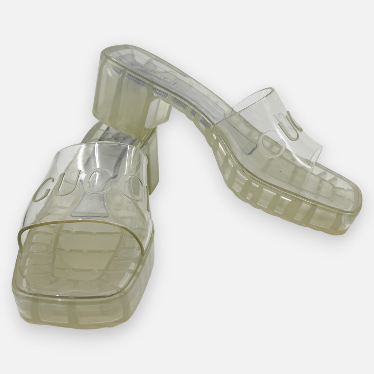 Gucci Logo Transparent Rubber Block Heel Slide Mule Shoes EU38 ~ AU7