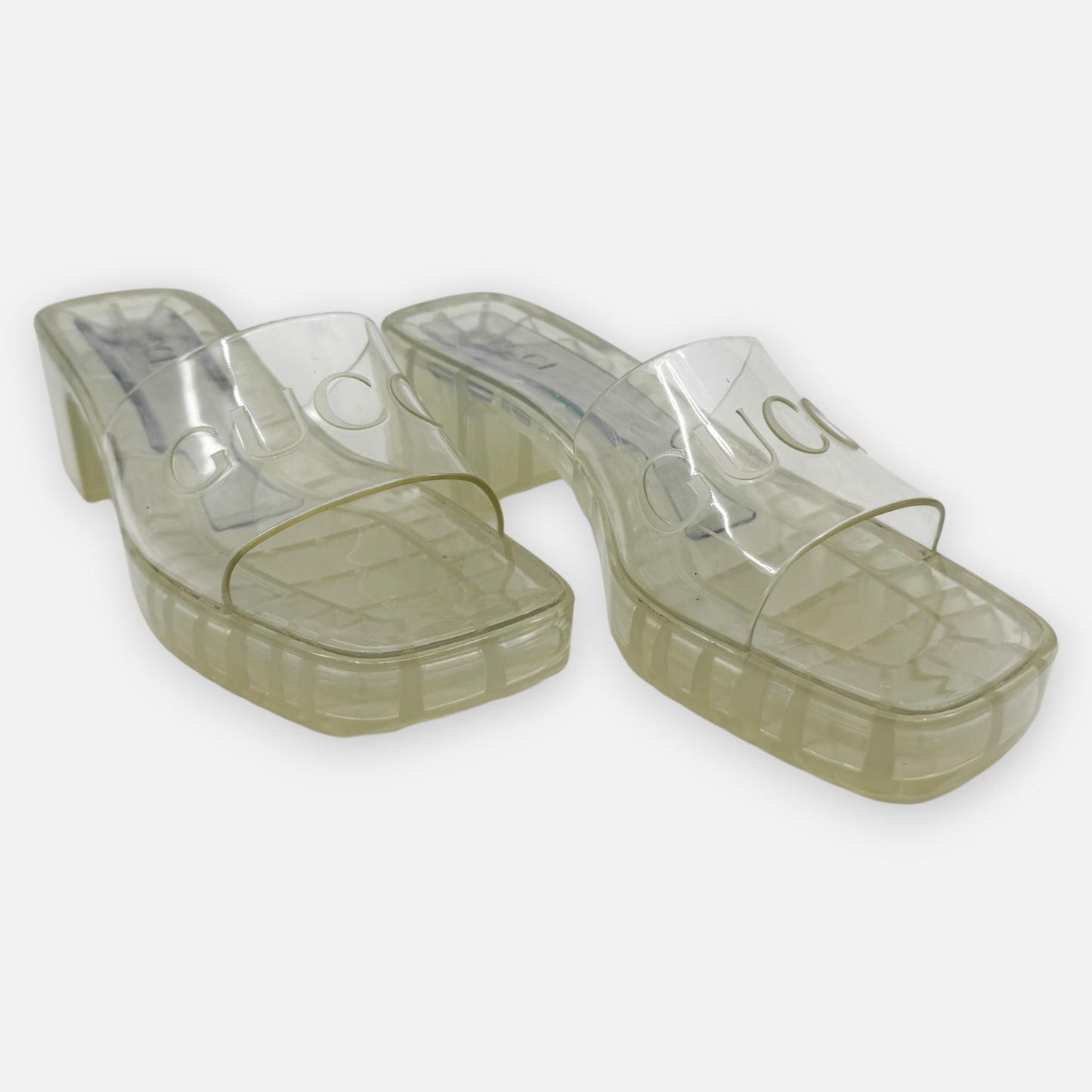 Gucci Logo Transparent Rubber Block Heel Slide Mule Shoes EU38 ~ AU7