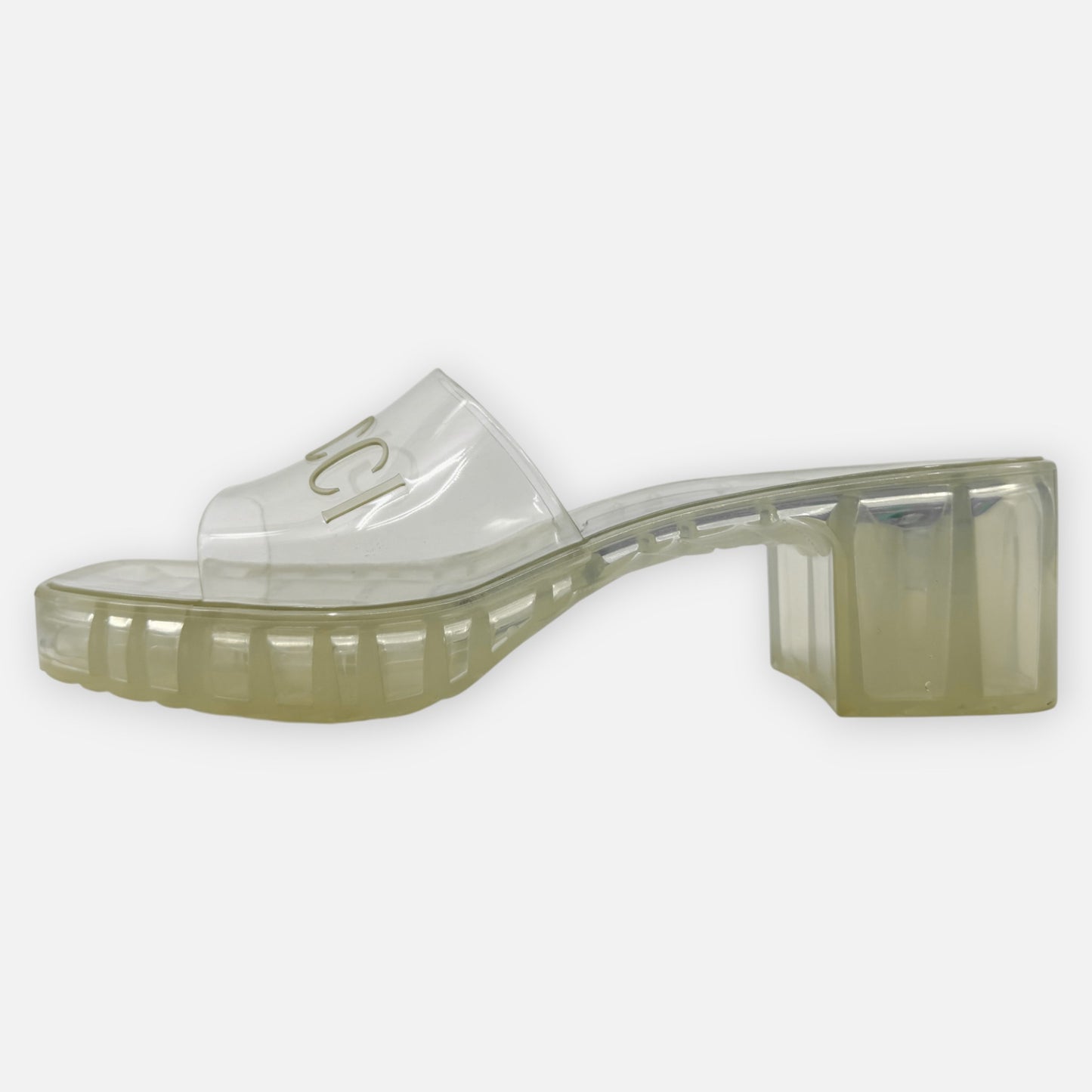 Gucci Logo Transparent Rubber Block Heel Slide Mule Shoes EU38 ~ AU7