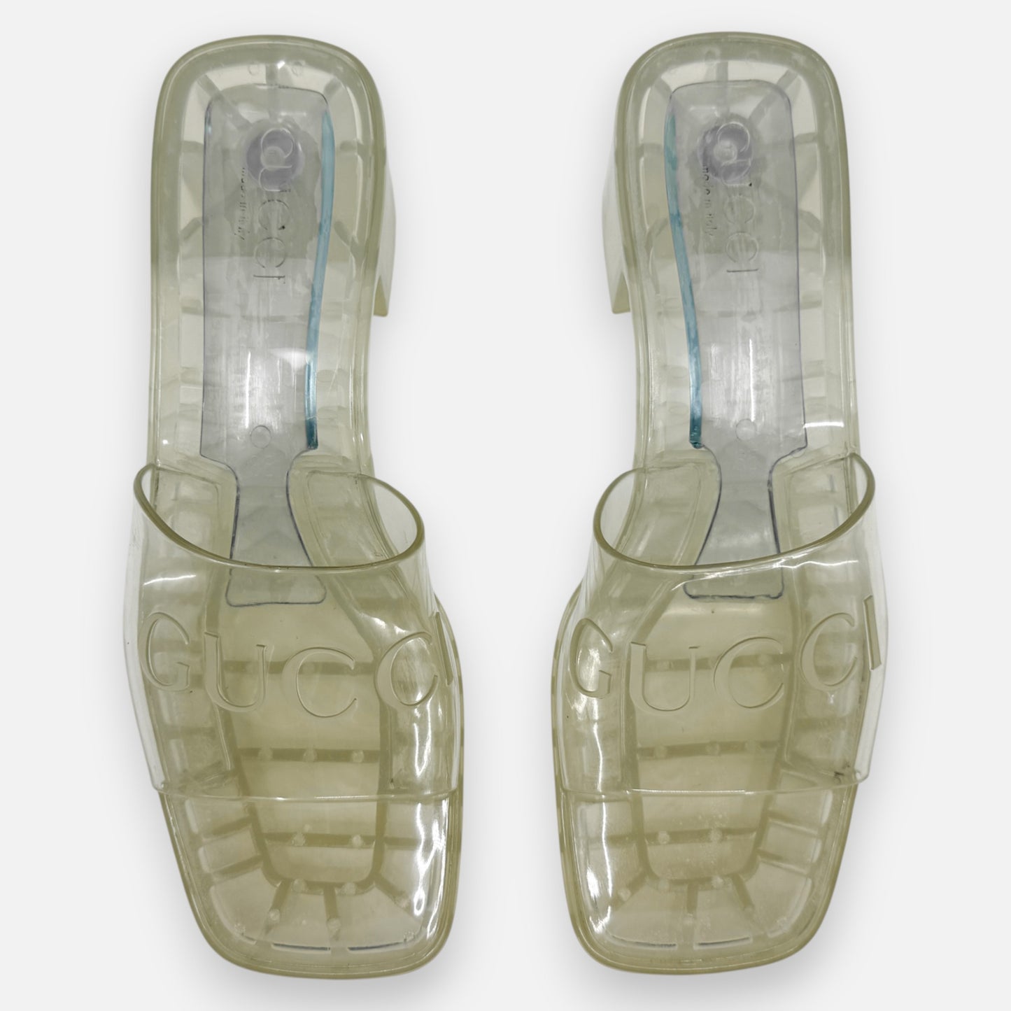 Gucci Logo Transparent Rubber Block Heel Slide Mule Shoes EU38 ~ AU7